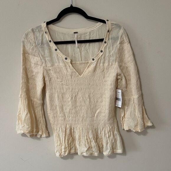 Free People Tops - NWT Free People Sugar Magnolia smocked bell sleeve blouse in tea color BOHO